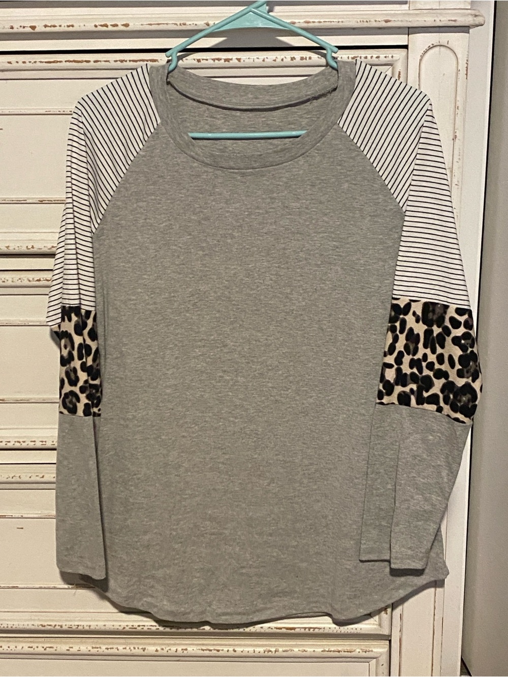 Women's Gray Raglan Top with Striped and Leopard Sleeve Accents